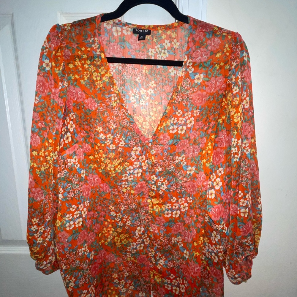 Torrid Floral V-Neck Blouse 3/4 Sleeves Size 0 (12)